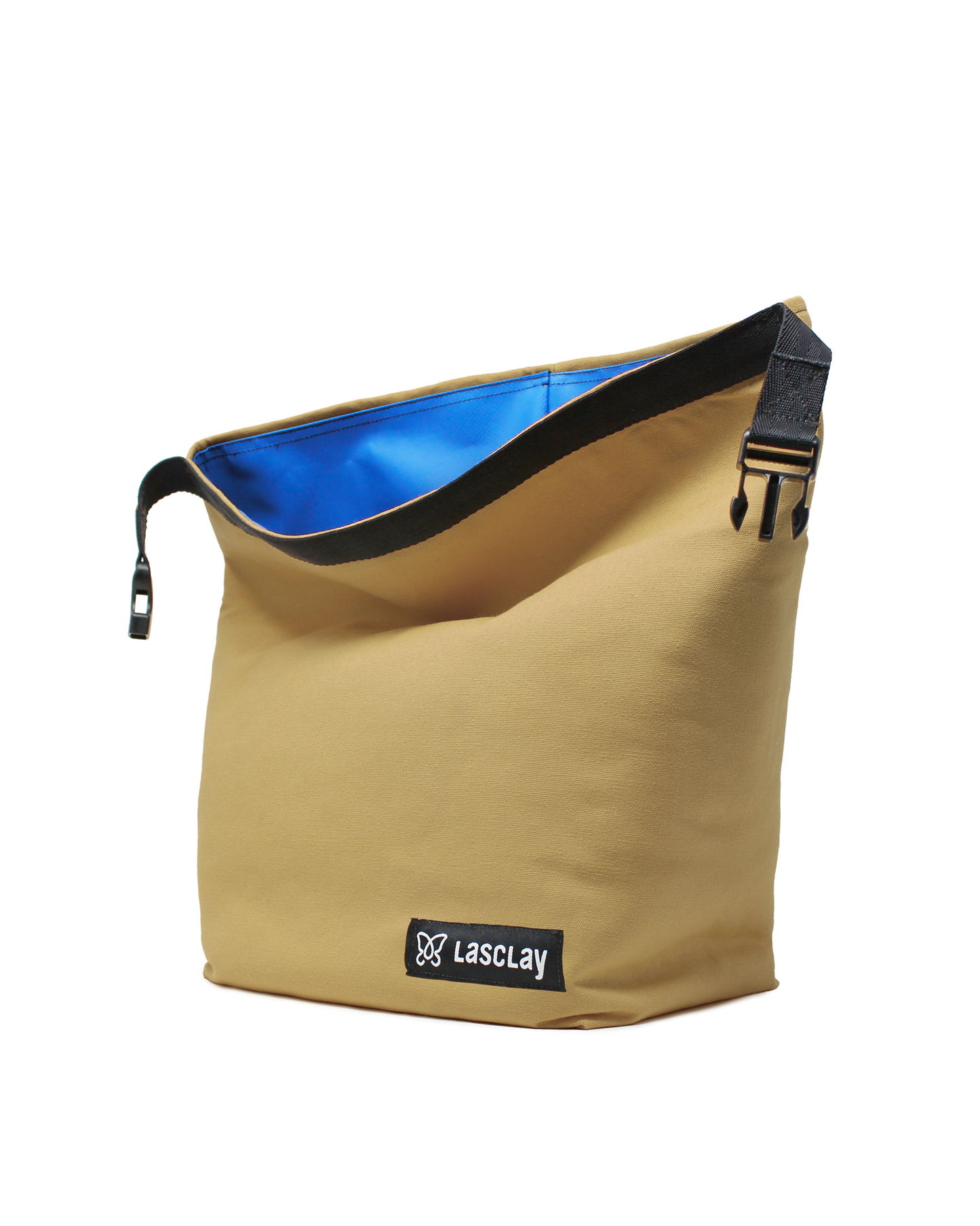 Sac à lunch beige avec vue sur la doublure intérieure bleue