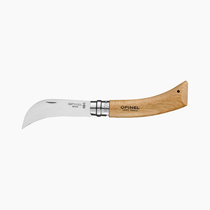 Couteau de poche serpette-greffoir Opinel sur fond blanc vendu chez Vert Métal