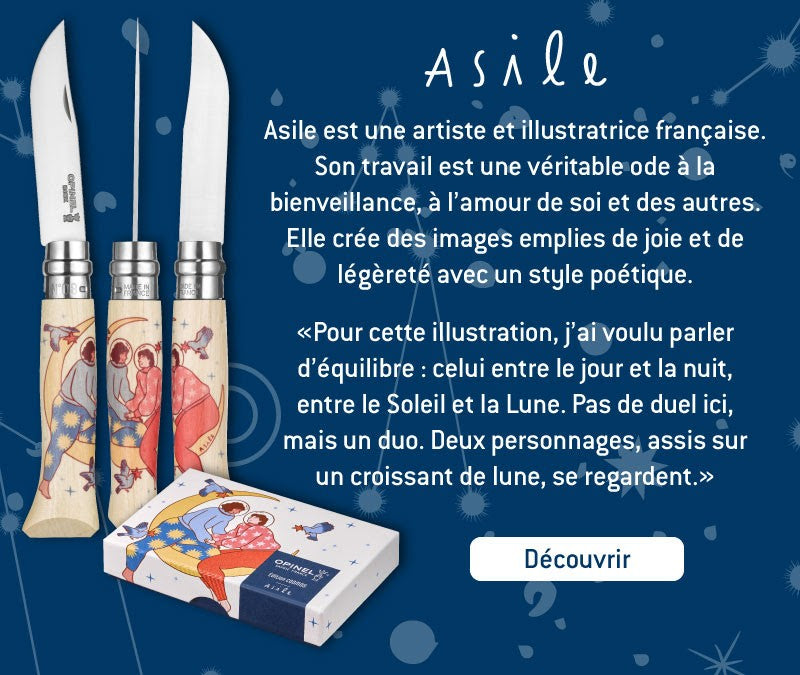 Couteau Opinel Cosmos avec sa boîte de présentation et sa carte postale collector