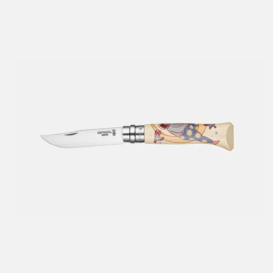 Couteau de poche Opinel N°08 édition limitée Cosmos avec illustration de l'artiste Asile sur le manche en charme