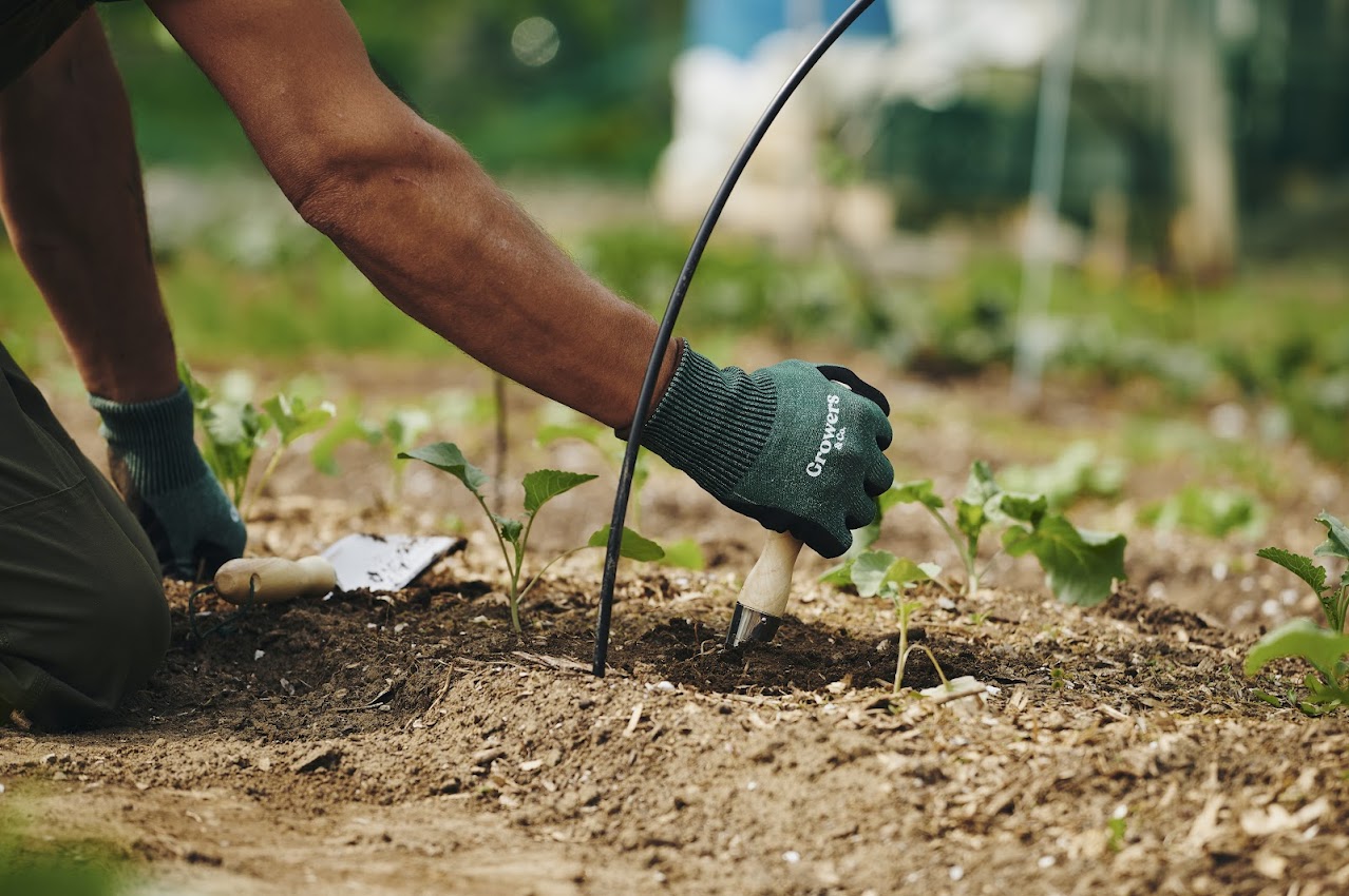 Gants de jardinage Growers & Co. portés par une personne manipulant des outils dans le sol