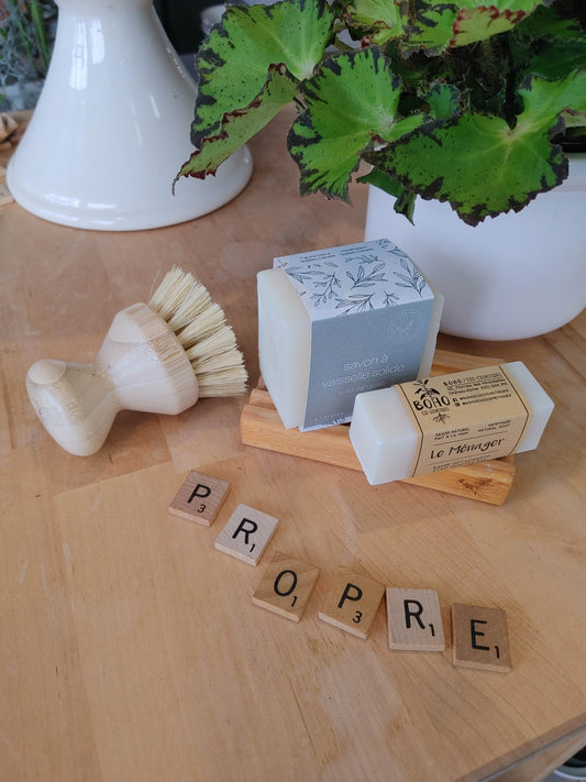 Ensemble de produits ménagers québécois comprenant brosse en bois, savon solide à l'orange et barre détachante.