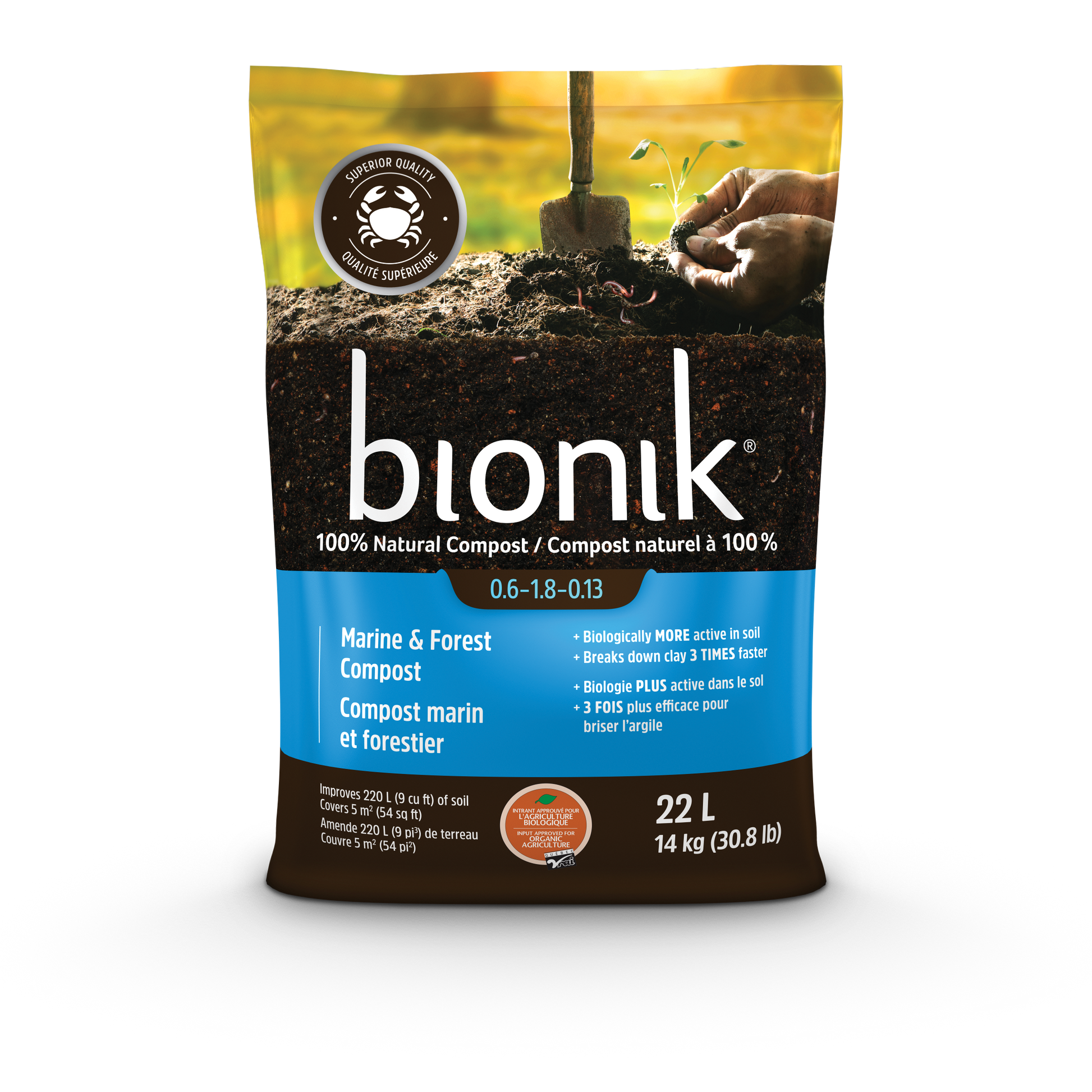 Sac de compost marin et forestier Bionik certifié bio par Québec Vrai pour potager