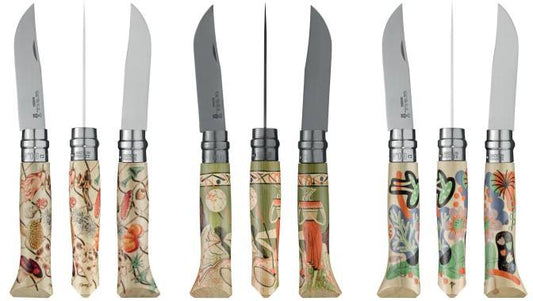 Collection complète des couteaux Opinel N°08 Édition Nature avec designs d'artistes