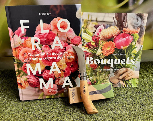 Kit cadeau complet comprenant deux livres de fleuristerie québécois et une serpette Opinel