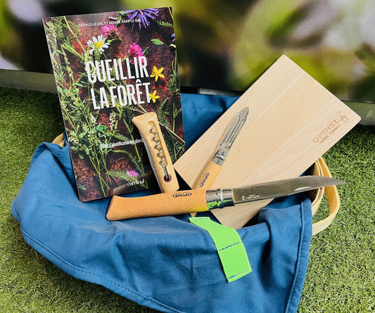 Ensemble cadeau La forêt j'en mange incluant le livre de cueillette et le kit nomade Opinel chez Vert Métal