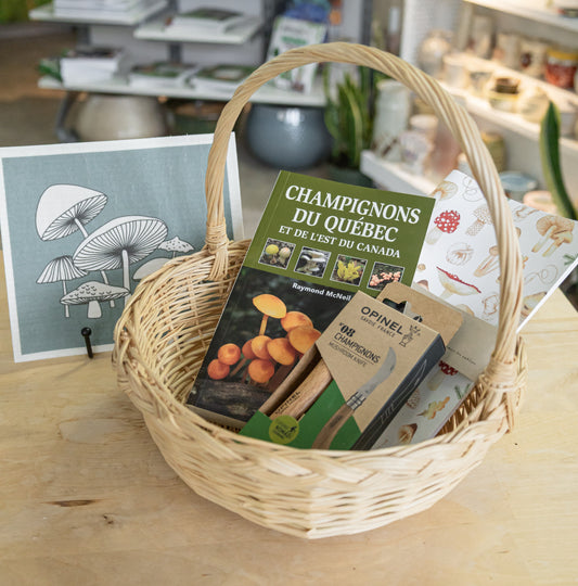 Ensemble complet pour la cueillette des champignons incluant le guide McNeil, le couteau Opinel, un essui-tout et un carnet chez Vert Métal