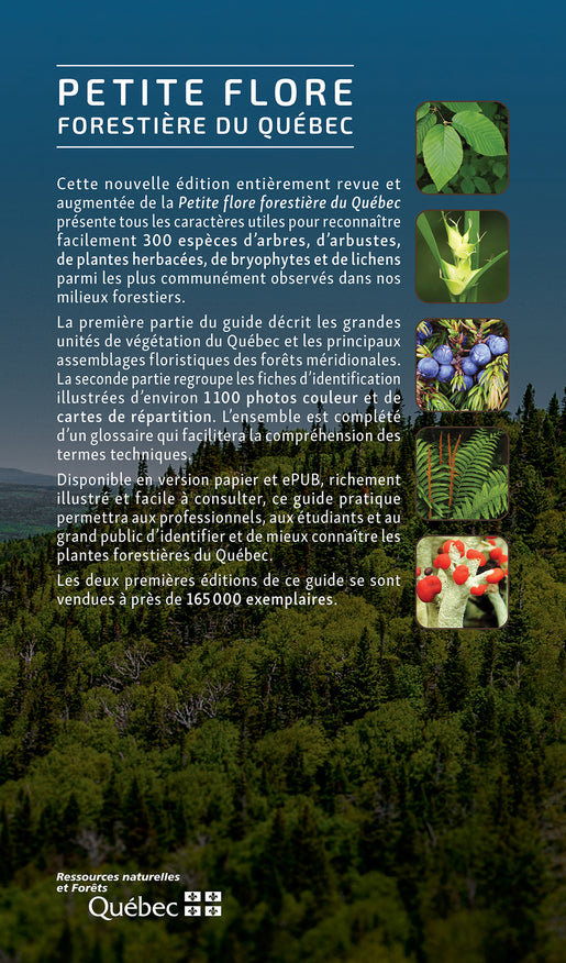 Quatrième de couverture de la troisième édition de la Petite flore forestière du Québec chez Vert Métal