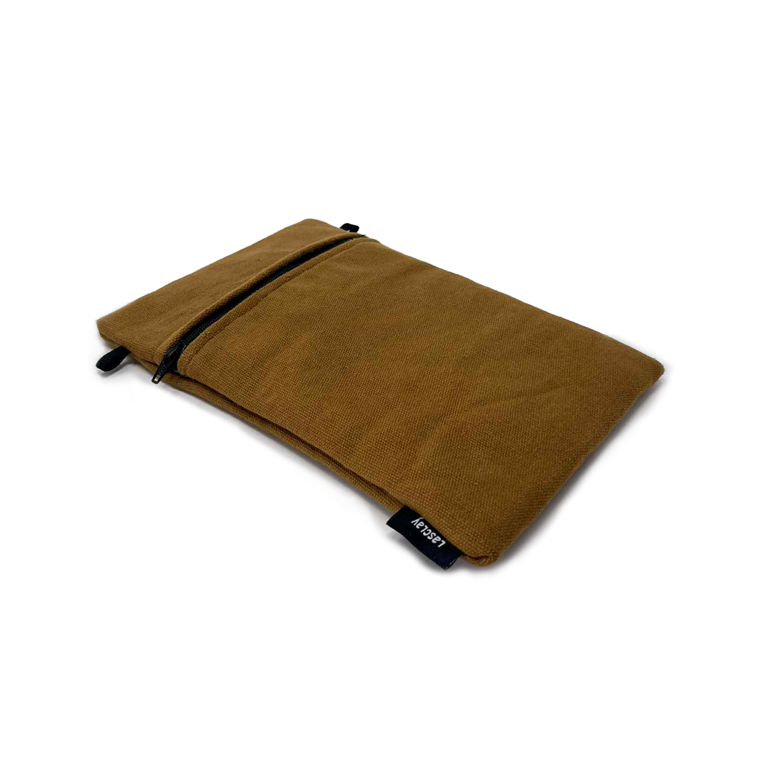 Pochette étui isotherme couleur caramel pour cellulaire, vue sous un angle.
