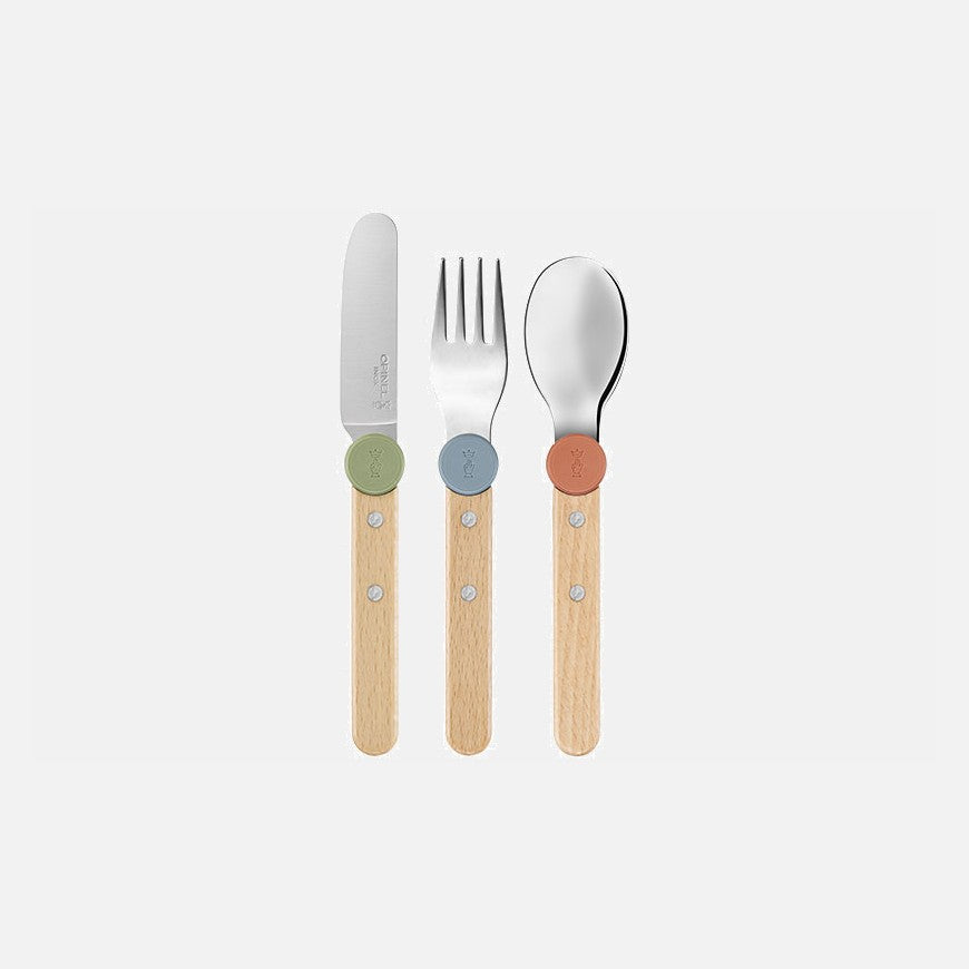 Les trois outils du coffret Le Petit Gourmet d'Opinel présentés verticalement sur fond blanc avec leurs bagues colorées.